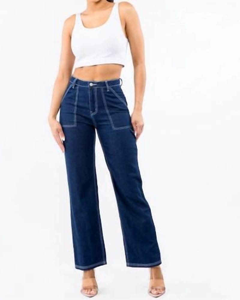 Front of a model wearing a size 1XL Plus Size High Waist Wide Leg Carpenter Pants In Blue in Blue by American Bazi. | dia_product_style_image_id:347556